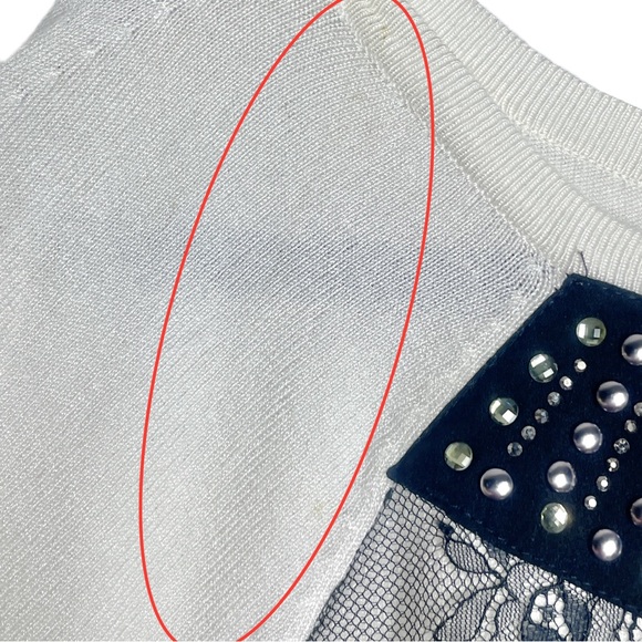 WHITE HOUSE BLACK MARKET Studded Floral Lace Overlay Ivory Thin Knit Sweater Top - Picture 11 of 13